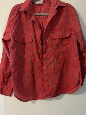 Vtg Eileen Women's Red Striped Button-Down Shirt with Blue Motif